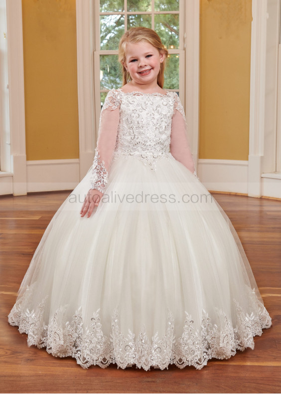 Long Sleeves Beaded Ivory Lace Tulle Unique Flower Girl Dress Long Sleeves Beaded Ivory Lace Tulle Unique Flower Girl Dress